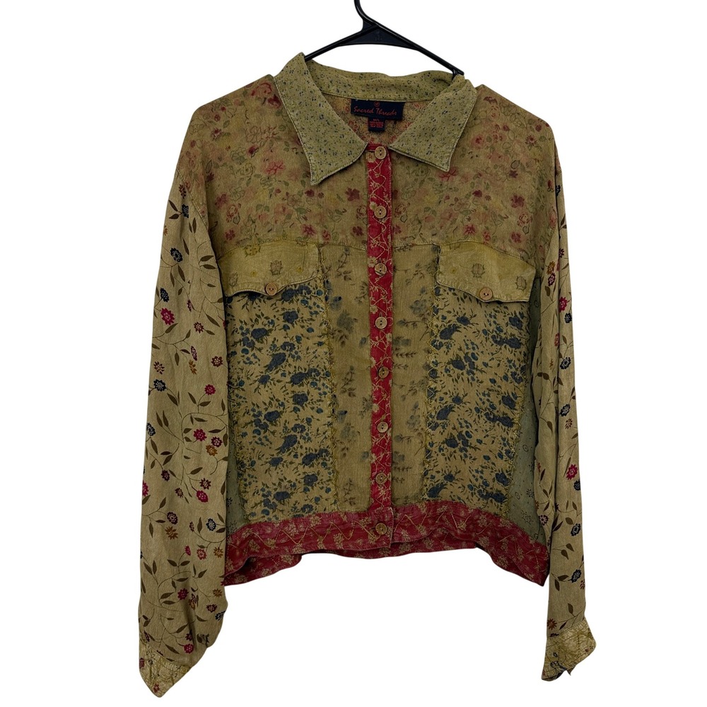 Sacred Threads Shirt Womens M/L Green Floral Patchwork Boho Button Rayon Top *